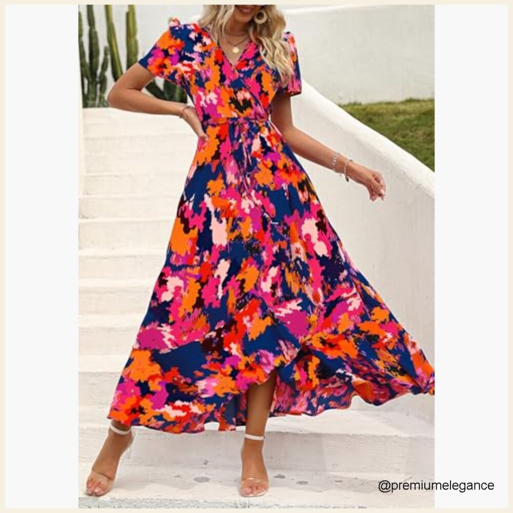 Boho Floral Maxi Dress Wrap V Neck Short Sleeve Summer Beach Wedding Guest - Picture 6 of 7
